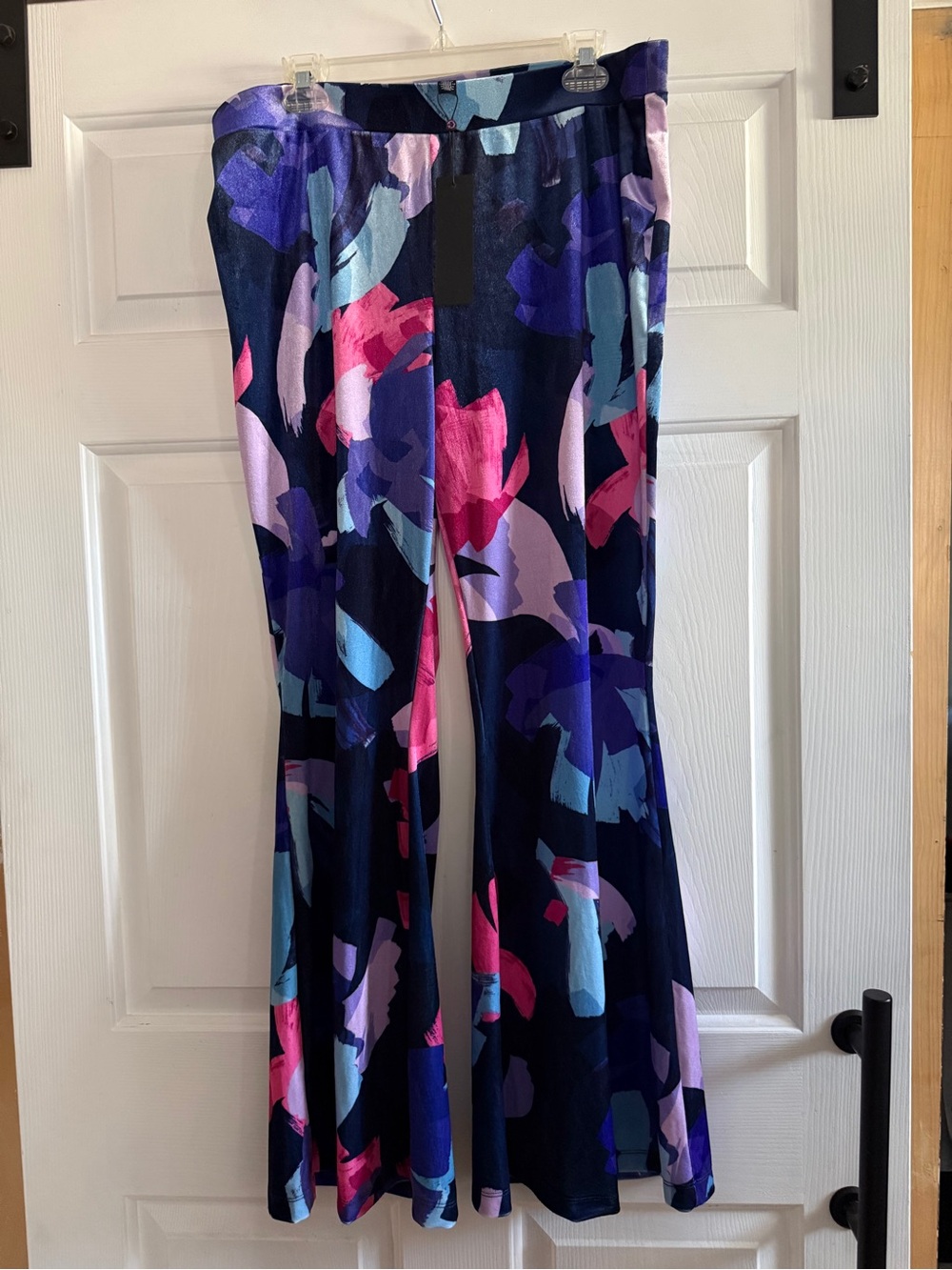 Christian Siriano Navy Abstract Flare Pants with Pink & Light Blue Brushstrokes